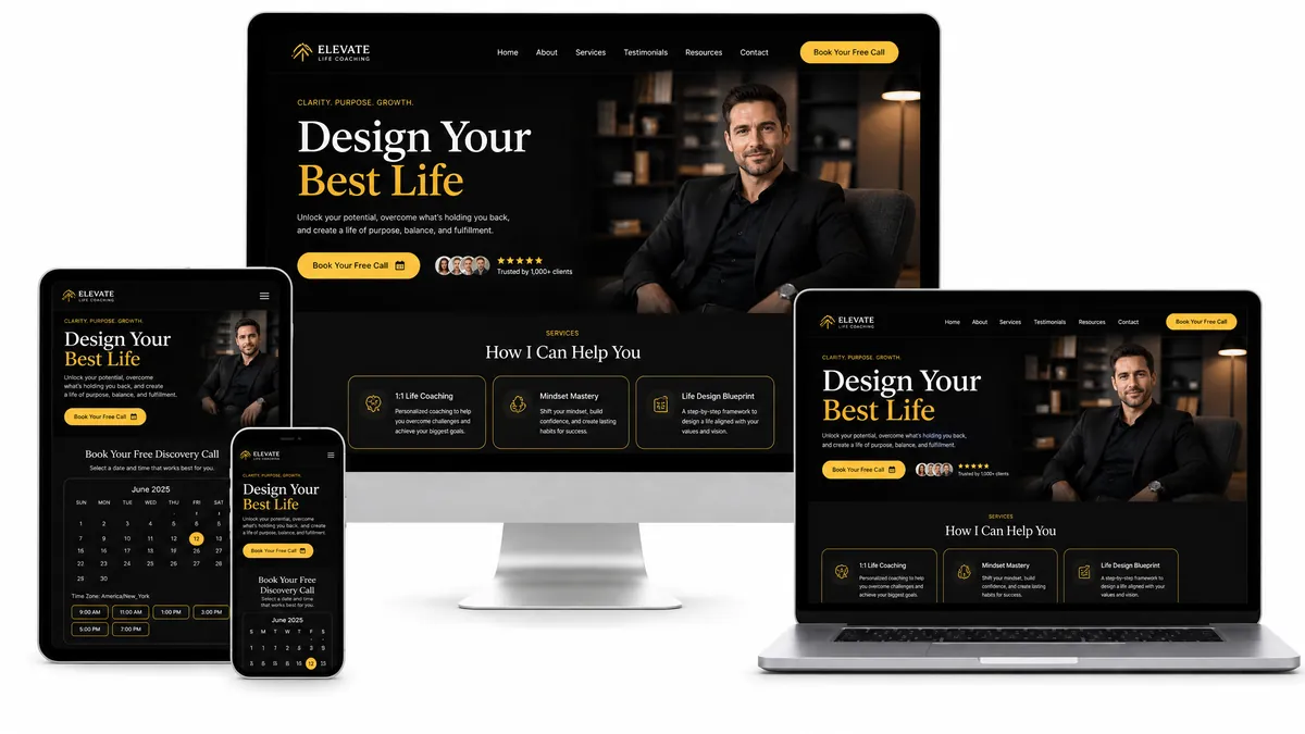 Example of a done-for-you life coach website built by Erio with booking calendar