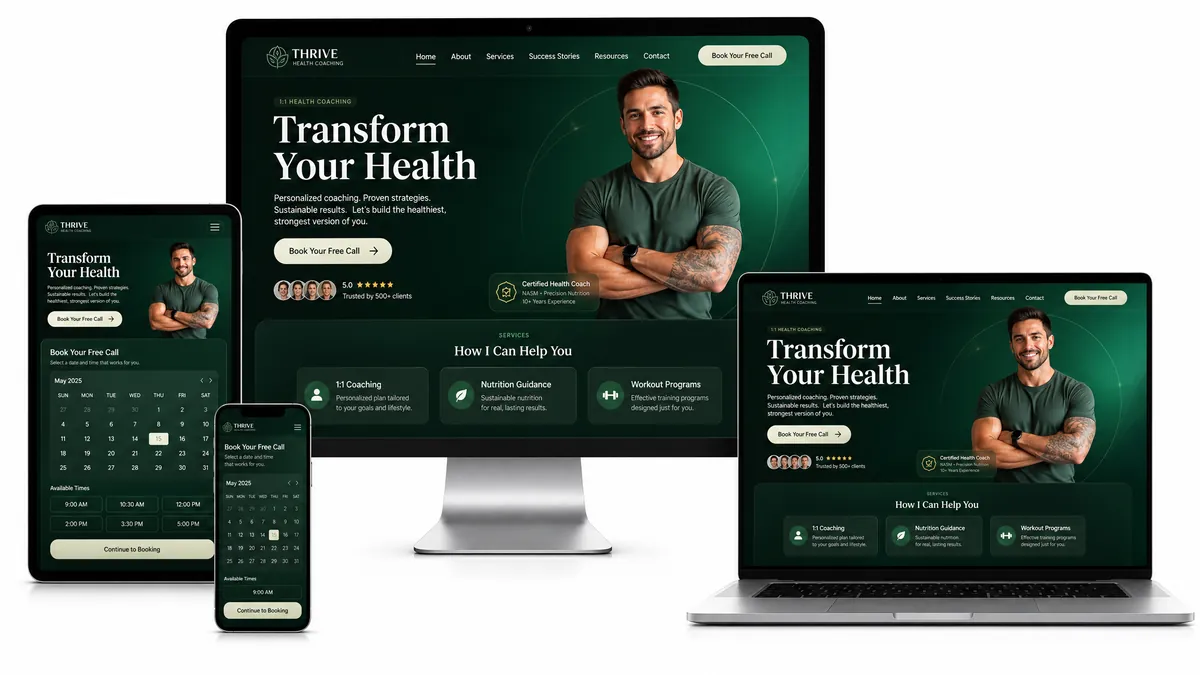 Coaching website example with built-in booking calendar and sales copy