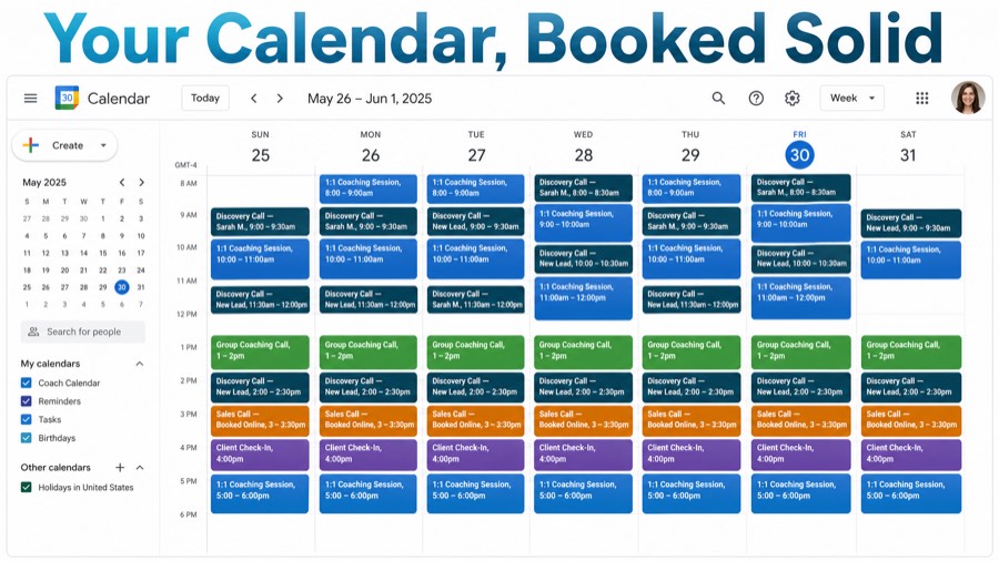 Coaching calendar booked solid with client calls